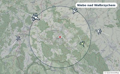 Mapa okolic miasta z sylwetkami samolotów — Niebo nad Wałbrzychem